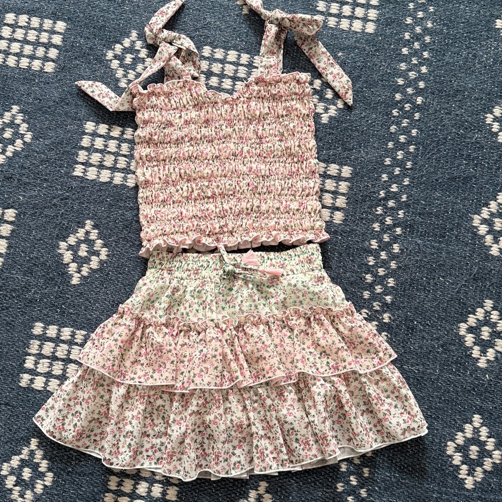 FBZ Floral Chiffon Smocked Top And Ruffle Skirt